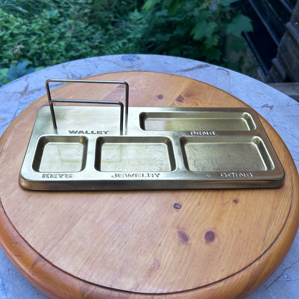 Vintage Brass Valet Tray Mens Large Gold Mid Century MCM Dresser Desk Organizer